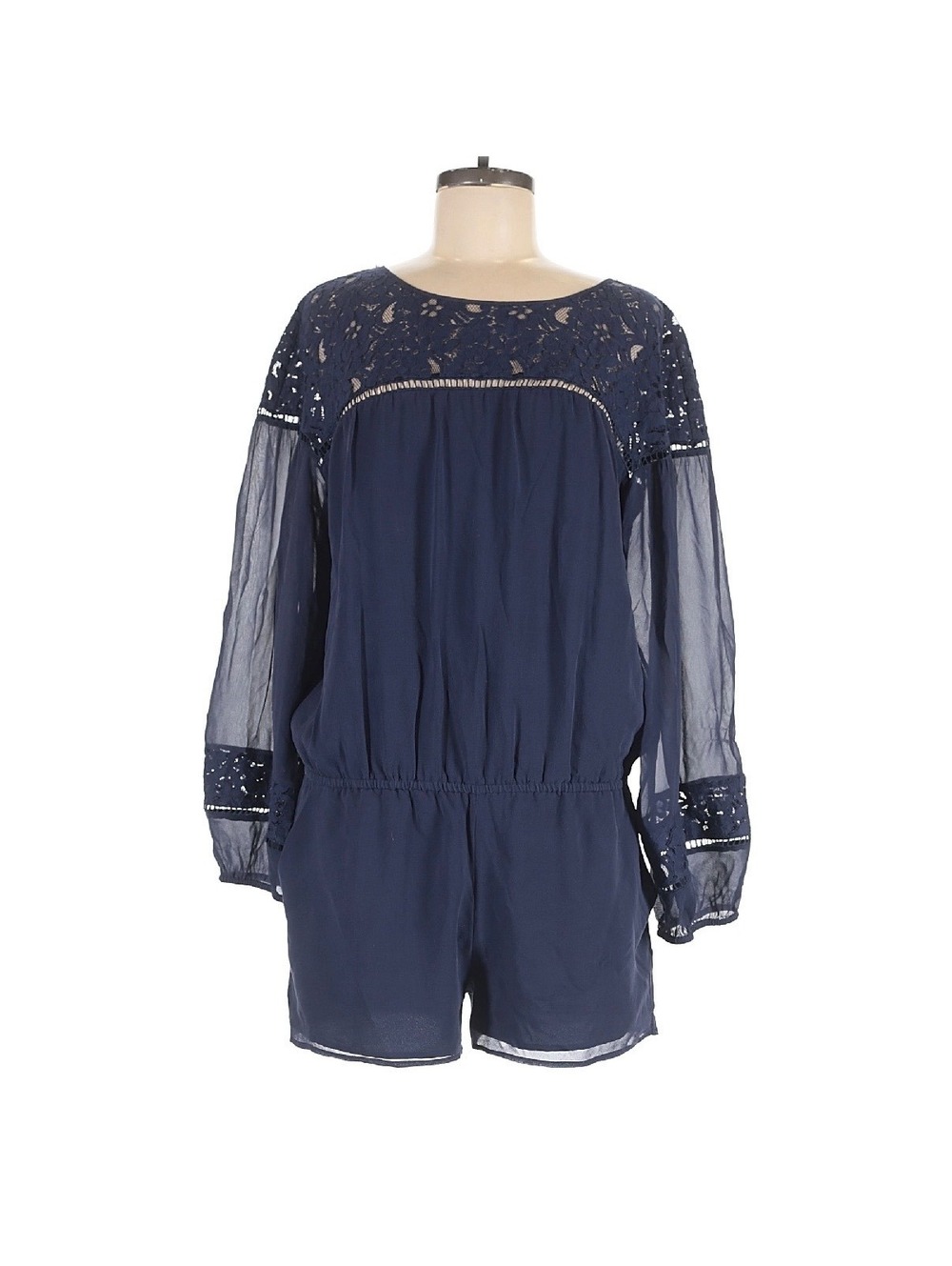 Joie Navy Blue Lace and Sheer Long Sleeve Romper, Size Large, Silk Blend